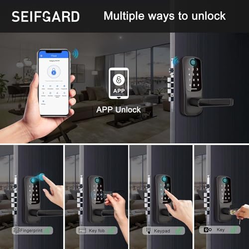 Keyless Entry Door Lock, 5-in-1 Multifunctional Smart Lock, Smart Door Lock, Built-in WiFi Deadbolt, Fingerprint Front Door Lock, Biometric Door Lock with Handle, App Remote Control (Black)