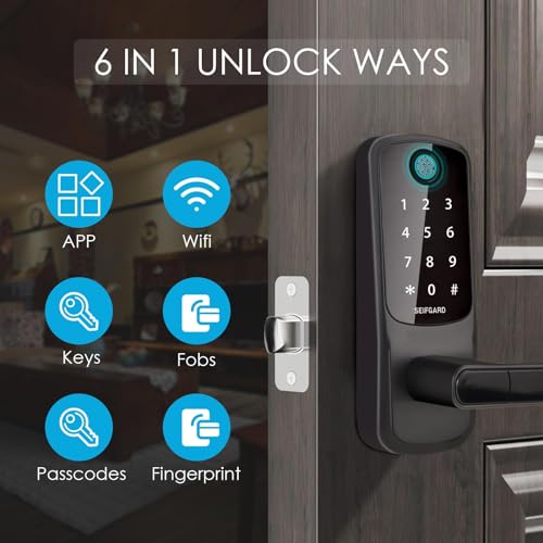 Keyless Entry Door Lock, 5-in-1 Multifunctional Smart Lock, Smart Door Lock, Built-in WiFi Deadbolt, Fingerprint Front Door Lock, Biometric Door Lock with Handle, App Remote Control (Black)