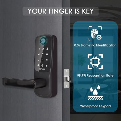Keyless Entry Door Lock, 5-in-1 Multifunctional Smart Lock, Smart Door Lock, Built-in WiFi Deadbolt, Fingerprint Front Door Lock, Biometric Door Lock with Handle, App Remote Control (Black)