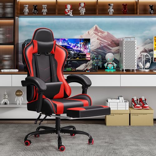 JUMMICO Gaming Chair Ergonomic Computer Chair with Footrest and Massage Lumbar Support, Height Adjustable Video Gaming Chair with 360° Swivel Seat and Headrest (Red)