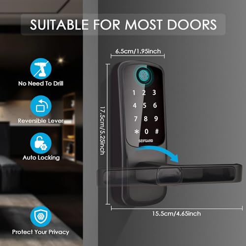 Keyless Entry Door Lock, 5-in-1 Multifunctional Smart Lock, Smart Door Lock, Built-in WiFi Deadbolt, Fingerprint Front Door Lock, Biometric Door Lock with Handle, App Remote Control (Black)