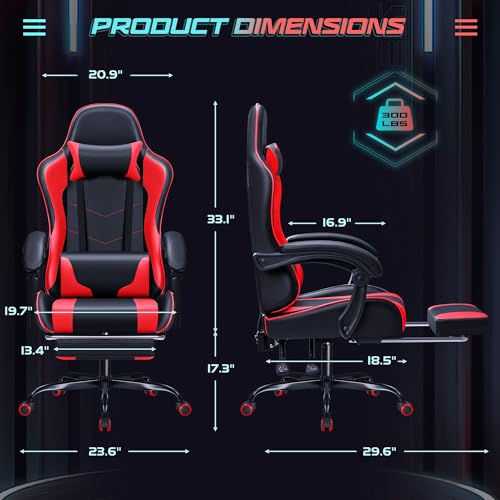 JUMMICO Gaming Chair Ergonomic Computer Chair with Footrest and Massage Lumbar Support, Height Adjustable Video Gaming Chair with 360° Swivel Seat and Headrest (Red)