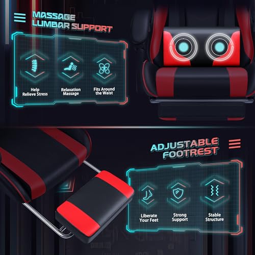 JUMMICO Gaming Chair Ergonomic Computer Chair with Footrest and Massage Lumbar Support, Height Adjustable Video Gaming Chair with 360° Swivel Seat and Headrest (Red)