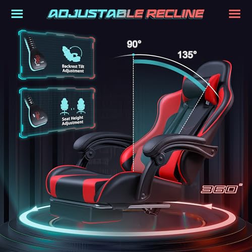 JUMMICO Gaming Chair Ergonomic Computer Chair with Footrest and Massage Lumbar Support, Height Adjustable Video Gaming Chair with 360° Swivel Seat and Headrest (Red)