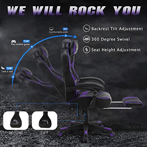 Zeanus Purple Gaming Chair Reclining Computer Chair with Footrest High Back Gamer Chair with Massage Large Computer Gaming Chair Racing Style Chair for Gaming Big and Tall Gaming Chairs for Adult