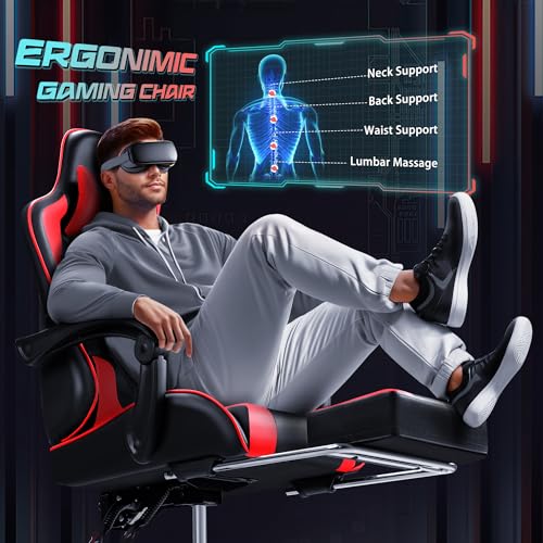 JUMMICO Gaming Chair Ergonomic Computer Chair with Footrest and Massage Lumbar Support, Height Adjustable Video Gaming Chair with 360° Swivel Seat and Headrest (Red)