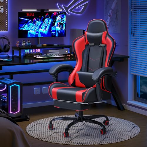 JUMMICO Gaming Chair Ergonomic Computer Chair with Footrest and Massage Lumbar Support, Height Adjustable Video Gaming Chair with 360° Swivel Seat and Headrest (Red)