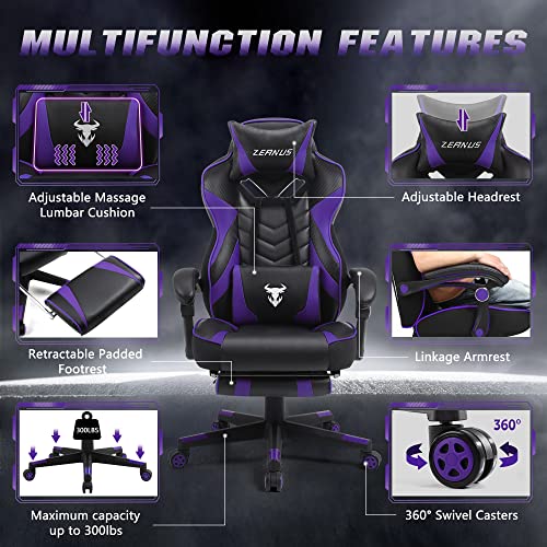 Zeanus Purple Gaming Chair Reclining Computer Chair with Footrest High Back Gamer Chair with Massage Large Computer Gaming Chair Racing Style Chair for Gaming Big and Tall Gaming Chairs for Adult