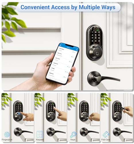 Veise Smart Locks for Front Door, 2 Lever Handles, Fingerprint Keyless Entry, App Control Biometric Door Lock Set, Electronic Digital Touchscreen Keypad Deadbolt, Easy Install, Auto Lock, Matte Black