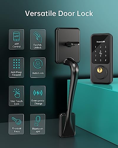Keyless Entry Door Lock with Handle, Hornbill Smart Front Door Lock Set, Electronic Keypad Deadbolt Lock, Alexa Front Door Handle Set, Digital Lock via Bluetooth APP/Keyfob/Auto Lock-Matte Black