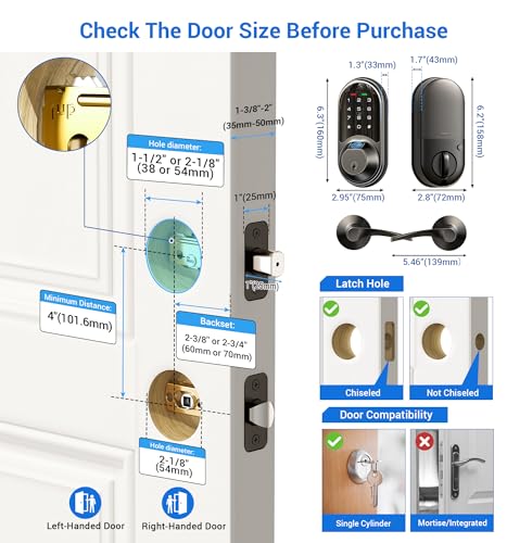 Veise Smart Locks for Front Door, 2 Lever Handles, Fingerprint Keyless Entry, App Control Biometric Door Lock Set, Electronic Digital Touchscreen Keypad Deadbolt, Easy Install, Auto Lock, Matte Black