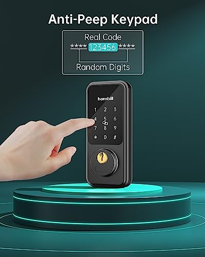 Keyless Entry Door Lock with Handle, Hornbill Smart Front Door Lock Set, Electronic Keypad Deadbolt Lock, Alexa Front Door Handle Set, Digital Lock via Bluetooth APP/Keyfob/Auto Lock-Matte Black