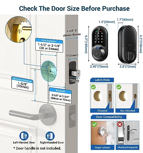 Veise Smart Lock, Fingerprint Door Lock, 7-in-1 Keyless Entry Door Lock with App Control, Electronic Touchscreen Keypad, Smart Deadbolt, Biometric Smart Locks for Front Door, Matte Black