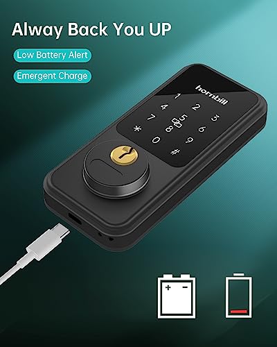 Keyless Entry Door Lock with Handle, Hornbill Smart Front Door Lock Set, Electronic Keypad Deadbolt Lock, Alexa Front Door Handle Set, Digital Lock via Bluetooth APP/Keyfob/Auto Lock-Matte Black