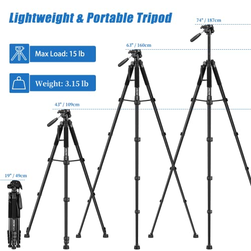 JOILCAN Tripod Camera Tripods, 74" Tripod for Camera Cell Phone Video Recording, Heavy Duty Tall Camera Tripod Stand, Professional Travel DSLR Tripods Compatible with Canon iPhone, Max Load 15 LB