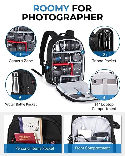 BAGSMART Small Camera Bag Backpack, DSLR SLR Camera Backpacks for Photographers Fits 13.3" Laptop, Waterproof/Anti-theft Small Camera Bag with Rain Cover & Tripod Holder, Black