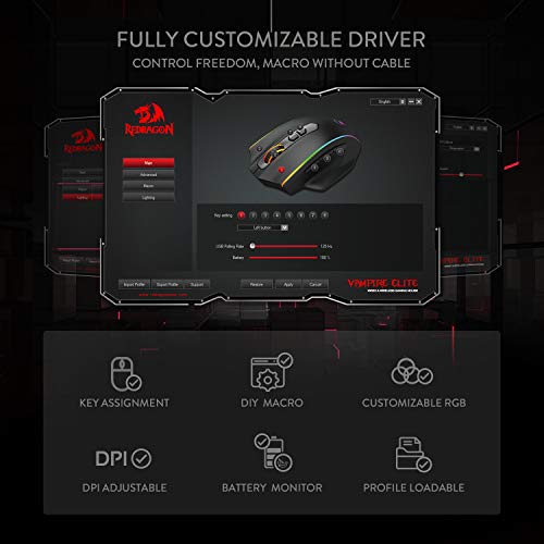 Redragon M686 Wireless Gaming Mouse, 16000 DPI Wired/Wireless Gamer Mouse with Professional Sensor, 45-Hour Durable Power Capacity, Customizable Macro and RGB Backlight for PC/Mac/Laptop