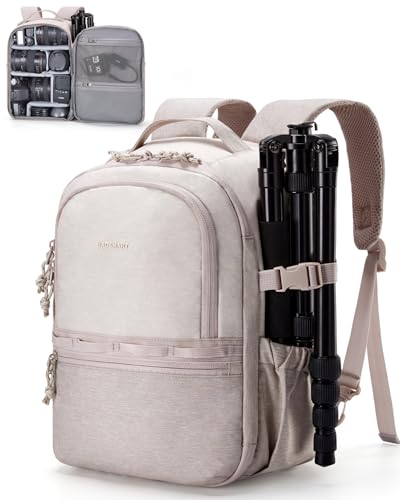 BAGSMART Camera Backpack, DSLR SLR Small Camera Bags for Photographers Compatible for Sony Canon Nikon, Shoulder Strap 2-in-1 Anti-theft Travel Backpack Fits 12.9" iPad, Beige