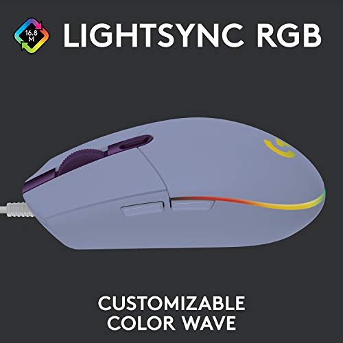 Logitech G203 Wired Gaming Mouse, 8,000 DPI, Rainbow Optical Effect LIGHTSYNC RGB, 6 Programmable Buttons, On-Board Memory, Screen Mapping, PC/Mac Computer and Laptop Compatible - Lilac