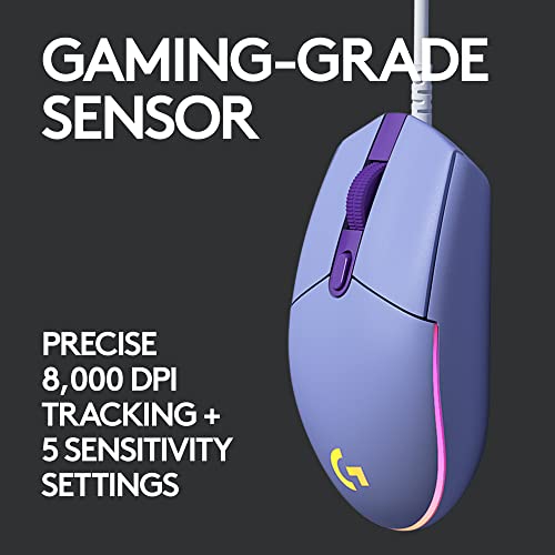 Logitech G203 Wired Gaming Mouse, 8,000 DPI, Rainbow Optical Effect LIGHTSYNC RGB, 6 Programmable Buttons, On-Board Memory, Screen Mapping, PC/Mac Computer and Laptop Compatible - Lilac