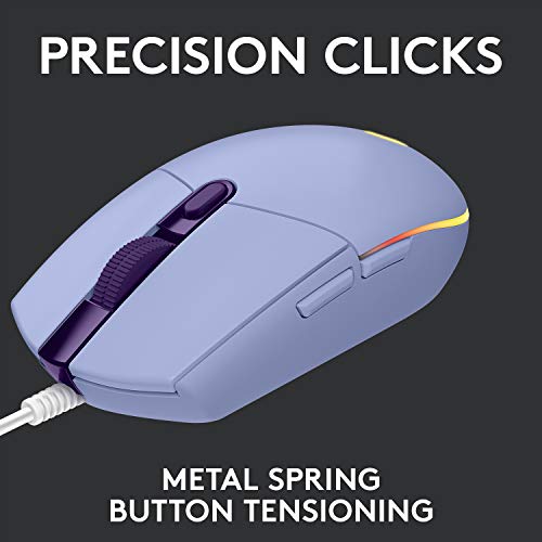 Logitech G203 Wired Gaming Mouse, 8,000 DPI, Rainbow Optical Effect LIGHTSYNC RGB, 6 Programmable Buttons, On-Board Memory, Screen Mapping, PC/Mac Computer and Laptop Compatible - Lilac