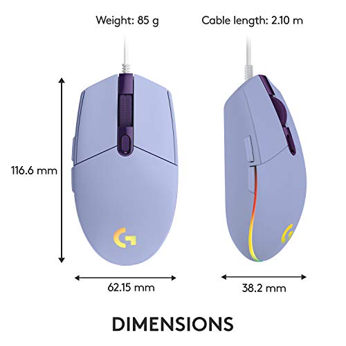 Logitech G203 Wired Gaming Mouse, 8,000 DPI, Rainbow Optical Effect LIGHTSYNC RGB, 6 Programmable Buttons, On-Board Memory, Screen Mapping, PC/Mac Computer and Laptop Compatible - Lilac
