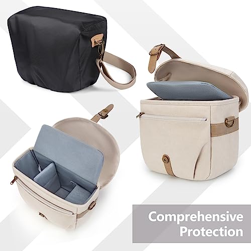 BAGSMART Camera Bag, SLR DSLR Canvas Camera Case, Vintage Padded Camera Shoulder Bag with Rain Cover for Women and Men, Ivory White