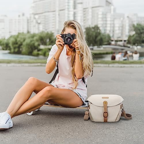BAGSMART Camera Bag, SLR DSLR Canvas Camera Case, Vintage Padded Camera Shoulder Bag with Rain Cover for Women and Men, Ivory White