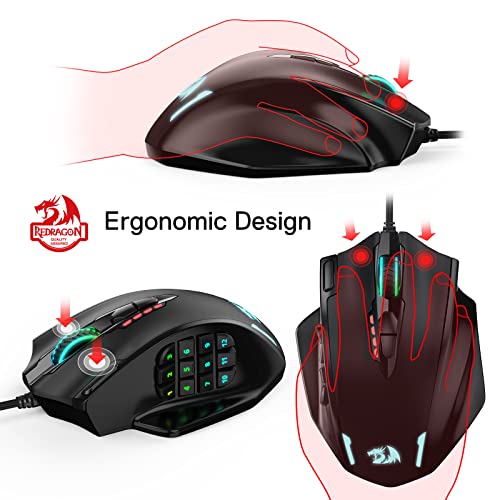 Redragon M908 Impact RGB LED MMO Gaming Mouse with 12 Side Buttons, Optical Wired Ergonomic Gamer Mouse with Max 12,400DPI, High Precision, 20 Programmable Macro Shortcuts, Comfort Grip