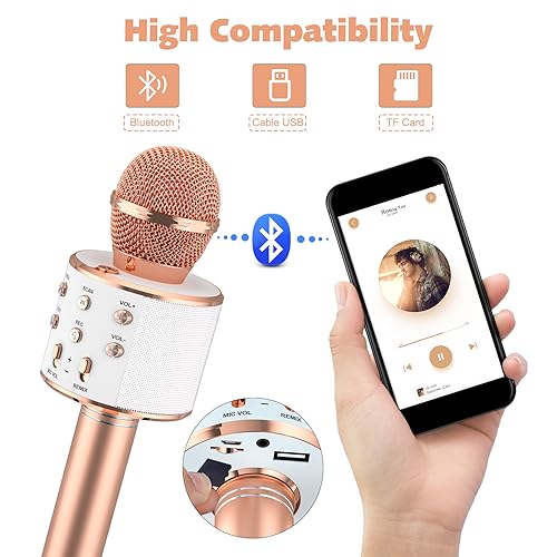 Ankuka Kids Karaoke Microphone 2 Pack, Wireless Bluetooth Karaoke Microphone for Singing Portable Handheld Mic Speaker Machine, Christmas Birthday Gifts for Girls Boys Ages 4-12(Rose Gold & Blue)