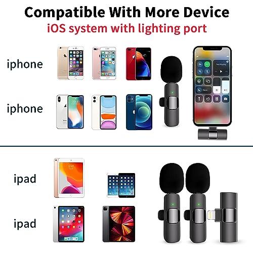 Professional Wireless Microphone for iPhone, iPad, Cordless Lavalier Lapel Omnidirectional Condenser Recording Mic for Video Recording, Live Streaming, Interview Podcast Vlog YouTube Tiktok(2 Pack)