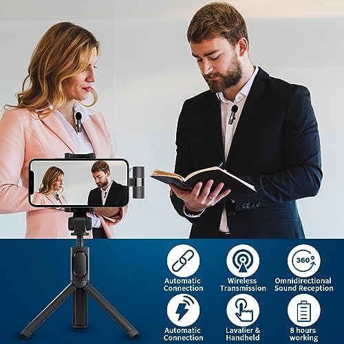 Professional Wireless Microphone for iPhone, iPad, Cordless Lavalier Lapel Omnidirectional Condenser Recording Mic for Video Recording, Live Streaming, Interview Podcast Vlog YouTube Tiktok(2 Pack)