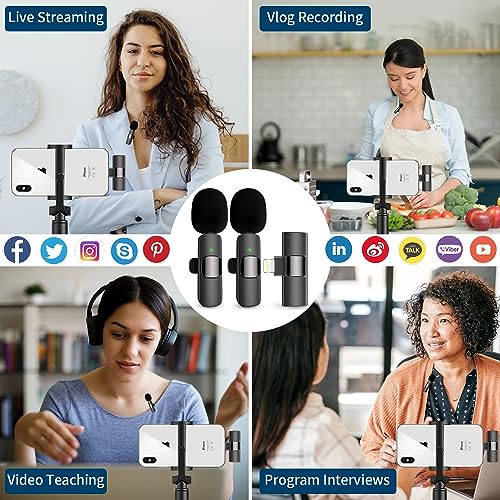 Professional Wireless Microphone for iPhone, iPad, Cordless Lavalier Lapel Omnidirectional Condenser Recording Mic for Video Recording, Live Streaming, Interview Podcast Vlog YouTube Tiktok(2 Pack)