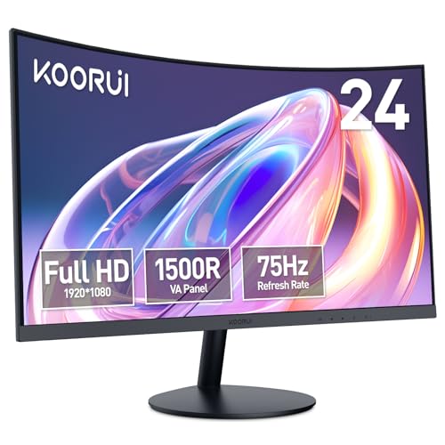 KOORUI 24 inch Curved Gaming Monitor, R1500 Full HD 1080P Computer Monitor, 75Hz Monitor, HDMI VGA, Tilt Adjustment, LCD Monitor, Eye Care, Black 24N5CA