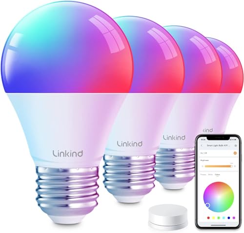 Linkind Smart Light Bulbs with Remote Control, Smart Bulb That Work with Alexa & Google Home, 16 Million Color Changing Light Bulbs 60W, A19 E26 2.4Ghz WiFi Light Dimmable,1800K-6500K,800lm 4 Pack