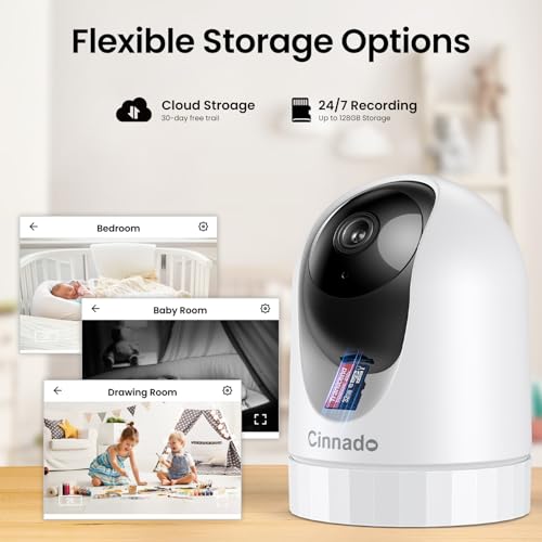 Cinnado Security Camera Indoor-2K 360° WiFi Cameras for Home Security，Pet/Dog/Baby Camera with Phone app, 2-Way Audio, Night Vision, 24/7 SD Card Storage, Works with Alexa & Google Home (2.4Ghz)-D1