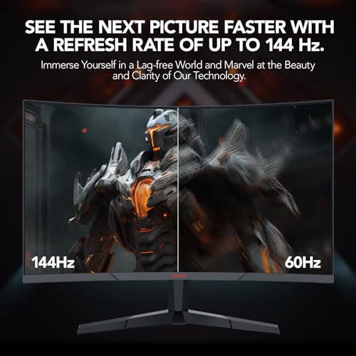 KOORUI 27 Inch Computer Monitor, QHD 2560P Gaming Monitor 144Hz(1ms, 1800R Curved VA Panel, DP1.2+HDMI*2, AdaptiveSync, Narrow Bezel with Ultra-Thin), Tilt Adjustable,Eye Care