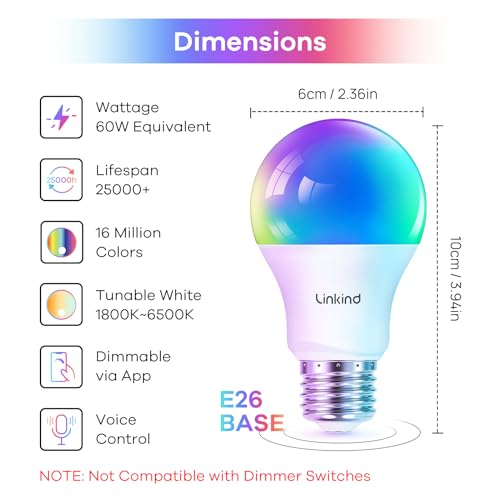 Linkind Smart Light Bulbs, Smart Bulb That Work with Alexa & Google Home, LED Light Bulbs Color Changing, Dynamic Preset Scenes, A19 E26 2.4Ghz RGBTW WiFi Light Bulbs Dimmable 60W, 800 Lumen, 4 Pack