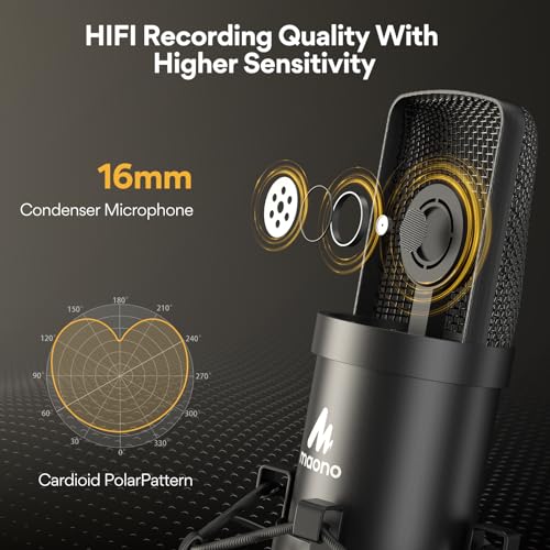 USB Microphone, MAONO 192KHZ/24Bit Plug & Play PC Computer Podcast Condenser Cardioid Metal Mic Kit with Professional Sound Chipset for Recording, Gaming, Singing, YouTube (AU-A04)