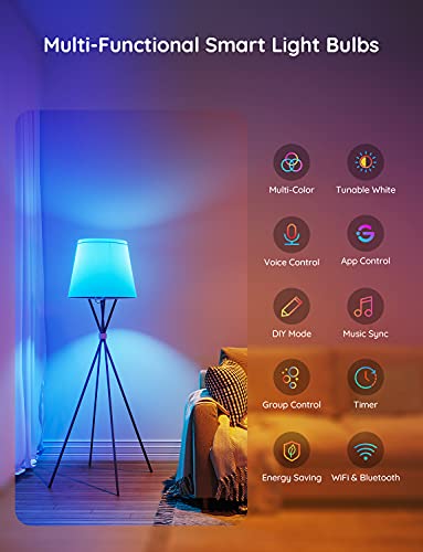 Govee Smart Light Bulbs, WiFi & Bluetooth Color Changing Light Bulbs, Music Sync, 54 Dynamic Scenes, 16 Million DIY Colors RGBWW, Work with Alexa, Google Assistant Home App, 800 Lumens, 4 Pack