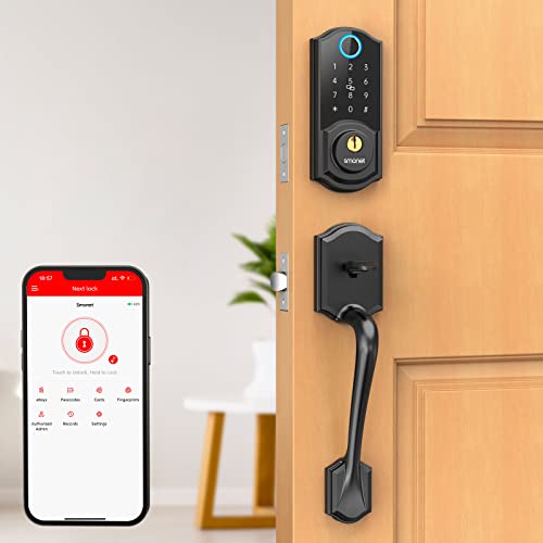 Smart Lock Front Door, SMONET Keyless Entry Door Lock with Handle, Smart Front Door Lock Set Fingerprint Smart Deadbolt Bluetooth Electronic Digital Keypad Lock,Auto Lock Work with Alexa,Black