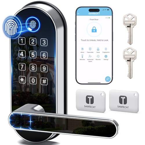 samtechT Keyless Entry Smart Door Lock with Door Handle, Wi-Fi Digital Fingerprint Door Lock, Door Lock for Front Door, Front Door Bluetooth Smart Lock, Door Lever, Door Knob, Deadbolt Alternatives