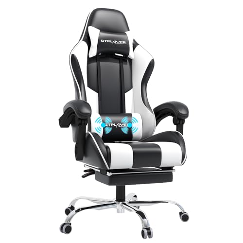 GTPLAYER Gaming Chair, Computer Chair with Footrest and Lumbar Support, Height Adjustable Game Chair with 360°-Swivel Seat and Headrest and for Office or Gaming (White)