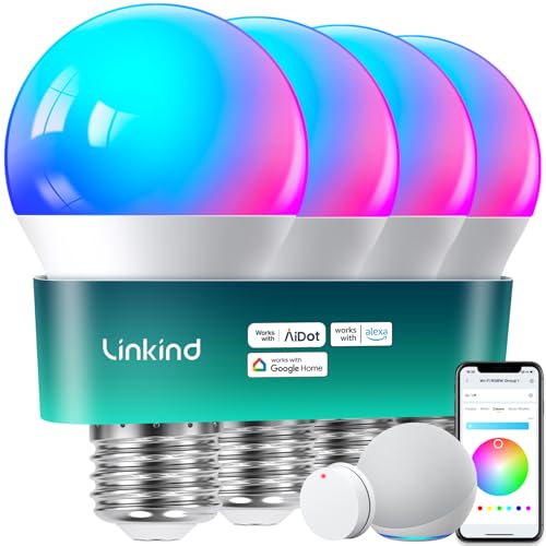Linkind Smart Light Bulbs with Remote Control, Smart Bulb That Work with Alexa & Google Home, 16 Million Color Changing Light Bulbs 60W, A19 E26 2.4Ghz WiFi Light Dimmable,1800K-6500K,800lm 4 Pack