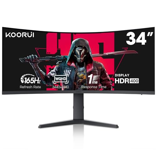 KOORUI 34 Inch Ultrawide Curved Gaming Monitor 165HZ, 1ms, 1000R, WQHD 3440 * 1440, 21:9, DCI-P3 90% Color Gamut, Adaptive Sync Compatible, Tilt/Height Adjustable Stand, HDMI, Display Port, Black