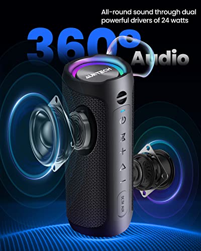 AUKTECH Bluetooth Speakers - Portable Speakers Bluetooth Wireless(100ft), 24W Loud Stereo Sound, Led Lights, 20H Playtime, IPX7 Waterproof Speaker for Outdoor, Home, Party, Beach, Shower