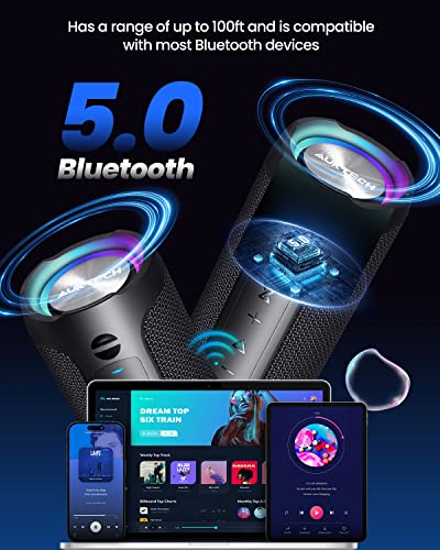 AUKTECH Bluetooth Speakers - Portable Speakers Bluetooth Wireless(100ft), 24W Loud Stereo Sound, Led Lights, 20H Playtime, IPX7 Waterproof Speaker for Outdoor, Home, Party, Beach, Shower