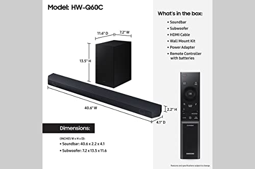 SAMSUNG HW-Q60C 3.1ch Soundbar w/Dolby Audio, Q-Symphony, Adaptive Sound Lite, HDMI eARC, Game Mode, Bluetooth, Tap Sound, Wireless Surround Sound Compatible (Newest Model),Black
