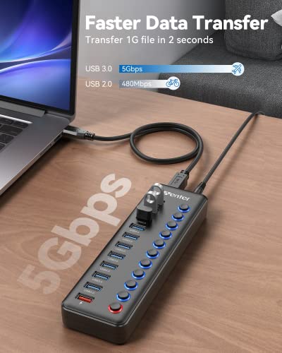 Powered USB Hub, Wenter 11-Port USB Splitter Hub (10 Faster Data Transfer Ports+ 1 Smart Charging Port) with Individual LED On/Off Switches, USB Hub 3.0 Powered with Power Adapter for Mac, PC