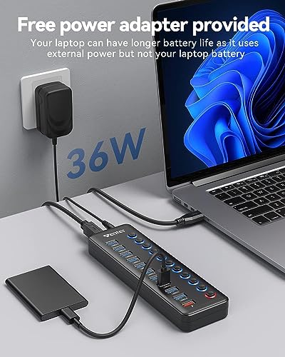 Powered USB Hub, Wenter 11-Port USB Splitter Hub (10 Faster Data Transfer Ports+ 1 Smart Charging Port) with Individual LED On/Off Switches, USB Hub 3.0 Powered with Power Adapter for Mac, PC